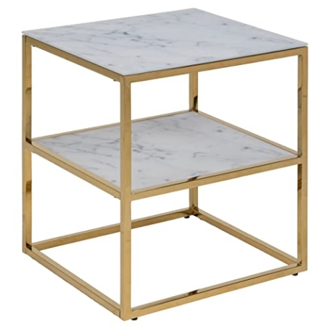 AC Design Furniture Antje Nachttisch mit 1 offenen Ablagemöglichkeit – Mattiertes Glas mit weißer Marmoroptik und goldenem Metallgestell, L: 45 B: 40 H: 50,5 cm, 1 Einheit