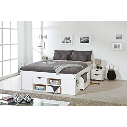 Inter Link - Funktionsbett - Bett mit Schubladen - Doppelbett 160 x 200 cm - 2 Große und 4 kleine Schubladen - Nachtkommode - Kiefer massivholz - Inkl Lattenrost - Weiß lackiert - Till