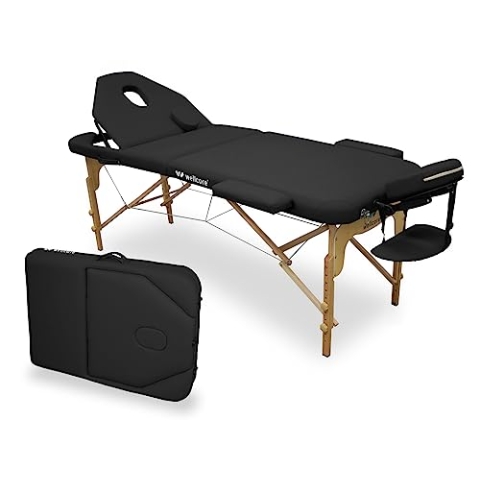 WELLCORE Faltbare Massageliege aus Holz, mit aufklappbarer Rückenlehne, Plus, 185 x 65 cm, Kunstleder, höhenverstellbar, Abnehmbarer Kopf, Gesichtsloch, Schwarz, bis 225 kg