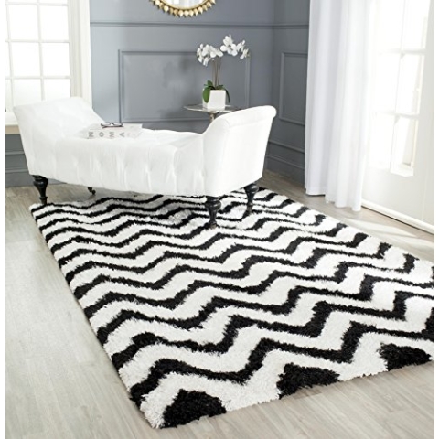 SAFAVIEH Zottelig Teppich für Wohnzimmer, Esszimmer, Schlafzimmer - Barcelona Shag Collection, Kurzer Flor, Elfenbein und Schwarz, 152 X 244 cm