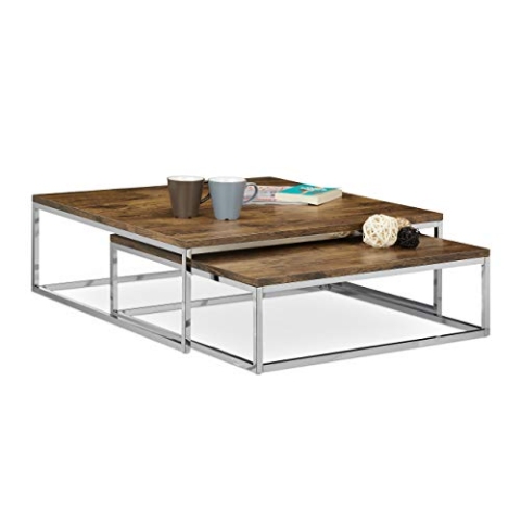 Relaxdays Couchtisch Holz FLAT 2er Set natur HBT 27 x 80 x 80 cm großer Wohnzimmertisch passt ineinander als Satztisch flacher Beistelltisch mit Chrom-Metall für Stube als Sofatisch, dunkel-braun
