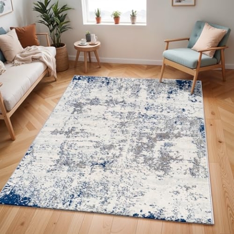 Livabliss Leyte Wohnzimmer Teppich modern – Abstrakt Design in Marmor Optik für Wohnzimmer 160x220cm, Esszimmer, Schlafzimmer - Marmor Teppich groß, weicher Teppich Kurzflor in Grau, Elfenbein, Blau