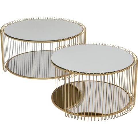 Kare Design Couchtisch Wire Double (2-Set), Brass, Durchmesser 70cm, Elegant, Wohzimmertisch, Beistelltisch, Stahlgestell, Sofatisch, Spiegeltisch, 34x70x70 cm (H-B-T)