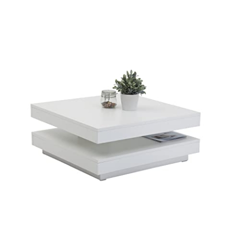 Hela Tische, Couchtisch Wohnzimmertisch Andy, Quadratisch, Holzwerkstoff, Tischplatte drehbar 360°, Weiß, 67x67x35cm