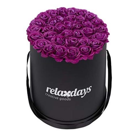 Relaxdays Rosenbox rund, 34 Rosen, stabile Flowerbox schwarz, lange haltbar, Geschenkidee, dekorative Blumenbox, lila