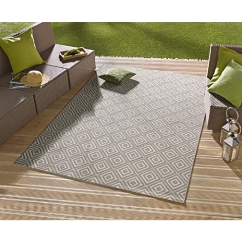 NORTHRUGS In- und Outdoor Teppich Karo 240x340 cm - Wetterfest Modern Geometrisches Muster Kariert Allover Design Teppich für Balkon Terrasse Garten Wintergarten Wohnzimmerteppich Wasserfest in Grau