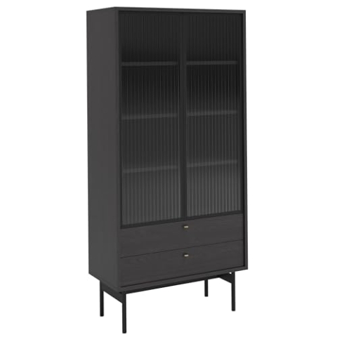 Selsey Vitrine Glas Vitrinenschrank Glasvitrine Wohnzimmer Glastür Hoch 85 cm 2 Schubladen 4 Fächer Portland Esche Olar