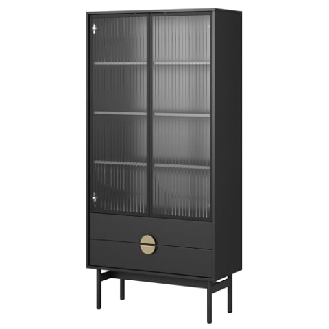 Selsey Vitrine Glas Vitrinenschrank Glasvitrine Wohnzimmer Glastür Hoch 84 cm 2 Schubladen 4 Fächer Schwarz Stoon