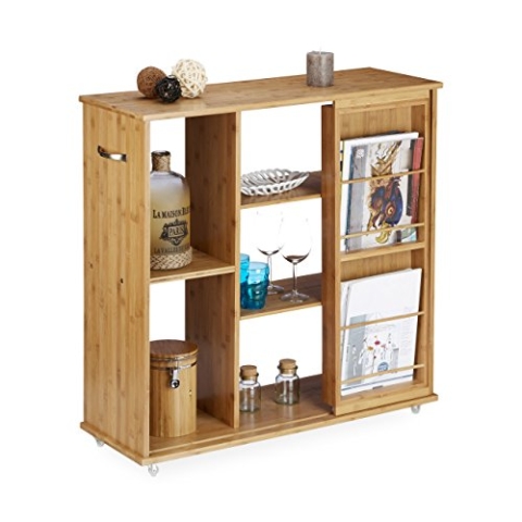 Relaxdays Nischenregal Bambus, rollbar, 5 Fächer, HxBxT: 85 x 90 x 31 cm, Magzinhalter, Bambusregal, Griff, Holz, natur