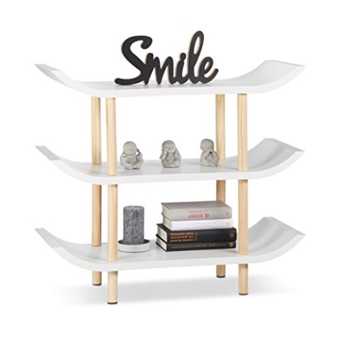 Relaxdays Standregal mit 3 Ebenen, Dekoregal mit Asiatischem Flair, 4-Füßiges Holzregal, Holzdekor, Weiß, 71 x 83 x 32 cm