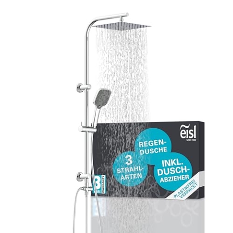 EISL EASY DELUXE Duschset, Duschsystem ohne Armatur 2 in 1 mit großer Edelstahl Regendusche (300 x 300 mm) und Handbrause, Regendusche ohne Armatur ideal zum Nachrüsten, inkl. Duschabzieher DX12011