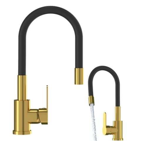 Granitan GRADO Wasserhahn mit schwenkbarem Auslauf - Mischbatterie fur Küche Durchmesser von 35 mm - Ausziehbar Küchenarmatur mit Keramikkopf - Kitchen Tap - Schwarz und Gold
