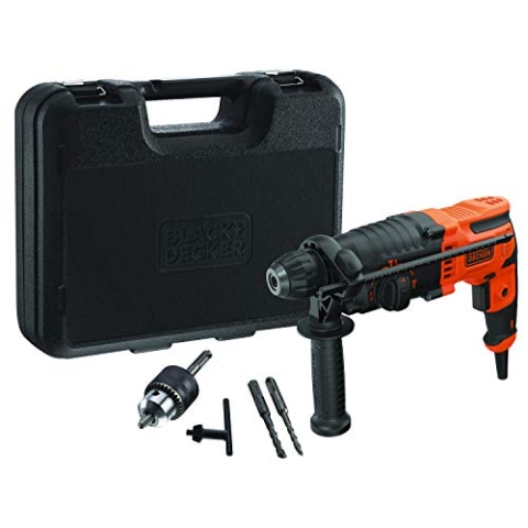 Black+Decker SDS-plus Kombihammer BEHS01K (650 Watt, 1,4 Joule, für effektives Bohren, Schlagbohren und leichte Meißelarbeiten, inkl. 2 SDS-plus Bohrer, Zahnkranzbohrfutter, Adapter, Koffer)