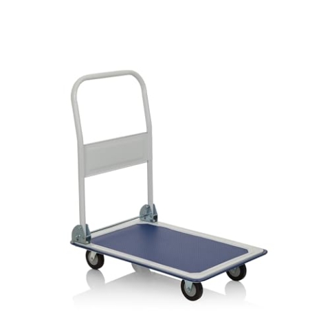 hjh OFFICE 830022 Plattformwagen bis 150kg belastbar CARRY Metall 73 x 48 cm Transportwagen klappbar, Handwagen, Blau/Weiß