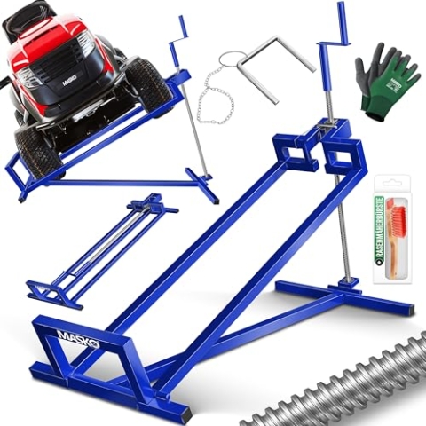 MASKO® XXL Rasentraktorheber 450 kg Hebevorrichtung Hebebühne Aufsitzmäher Reinigungshilfe universal, Rasentraktor-Heber, Rasentraktor +45° Neigung verstellbar inkl. Arbeitshandschuhe & Bürste Blau