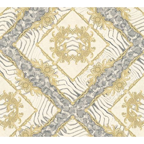 VERSACE WALLPAPER Vliestapete Vasmara Luxustapete mit Zebramuster 10,05 m x 0,70 m creme grau metallic Made in Germany 349042 34904-2