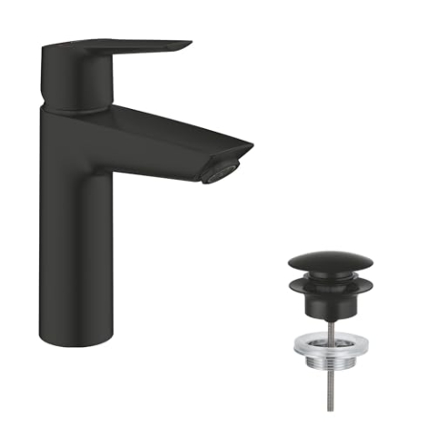 GROHE Start, energiesparende Waschtischarmatur, Kaltwasser in Mittelstellung (Wasserhahn für Waschbecken im Bad, 19cm hoch, mit Pop-Up Ablauf, mit praktischem 3in1 Werkzeug), schwarz, 237462432