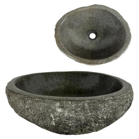 Lendo Online Waschbecken oval Flussstein - Naturstein - Waschtisch für Badezimmer - Aufsatzwaschbecken - Handwaschbecken - Grau (Grau, 40-45x30-35cm)