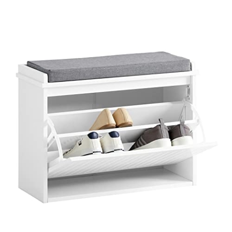 SoBuy FSR98-W Schuhkipper Schuhschrank mit Klappe Schuhbank mit Sitzkissen Schuhkommode Sitzbank Weiß BHT ca.: 62x46x26cm