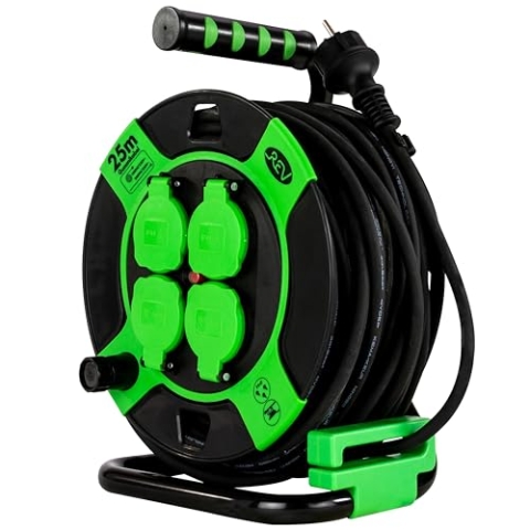 REV Kabeltrommel EX, 25m, H05RR, IP44, 3000W, Verlängerungskabel, Aussenbereich, 4 Steckdosen, Thermoschalter, grün