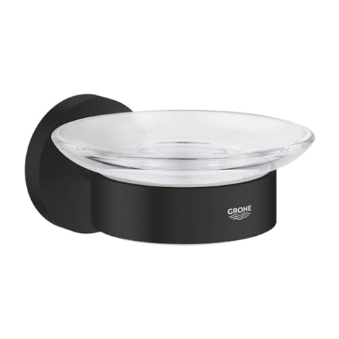 GROHE Start, klebbare Seifenschale für das Bad, ohne Bohren (bis 5kg belastbar, mit Halter, verdeckte Befestigung, inkl. Schrauben und Dübel, Kleber separat kaufen), rund, schwarz, 411932430