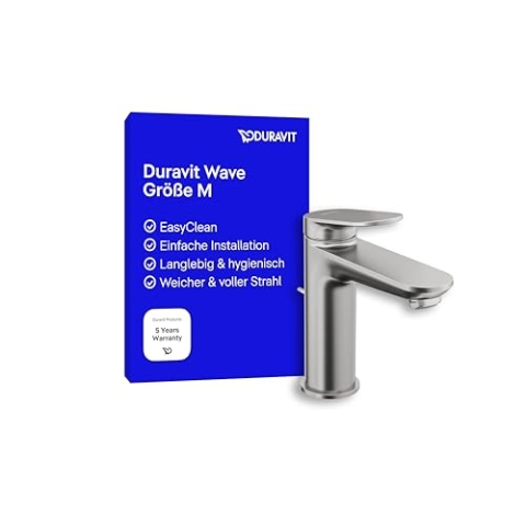 Duravit Wave Waschtischarmatur, Größe M (Auslauf Höhe 111 mm), Wasserhahn Bad mit Zugstangen-Ablaufgarnitur, Armatur Waschbecken, Edelstahl Gebürstet