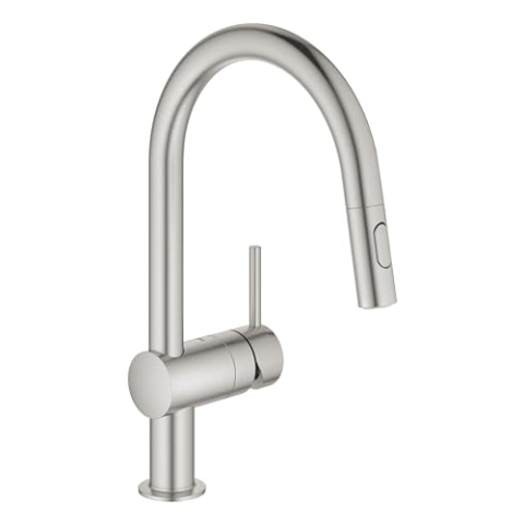 GROHE Minta, Küchenarmatur 2 Strahlarten (Wasserhahn Küche mit ausziehbarer Brause, 360° schwenkbar, wassersparend dank variabler Mengenbegrenzung, einfache Spülbecken-Montage), edelstahl, 32321DC2