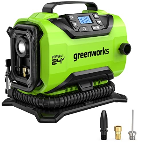 Greenworks G24IN Akku Luftpumpe, 11 Bar, Nieder- oder Hochdruck, automatische Abschaltung mit 3 Adaptern und 0,5m Schlauch OHNE 24V Akku und Ladegerät, 3 Jahre Garantie