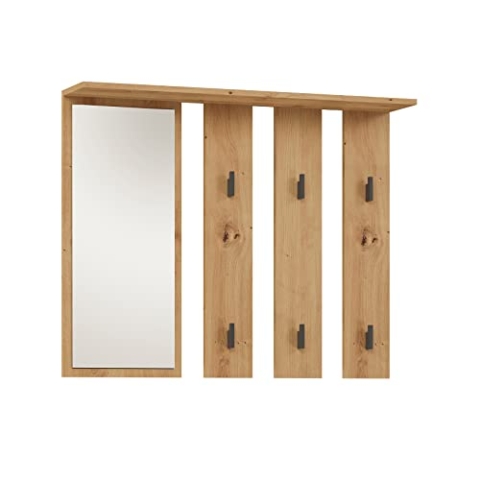 CDF Garderobe Parma | Farbe: Eiche artisan| Platz für Kleidung, Mäntel, Jacken | Ideal für Flur, Flur, Büro, Büro | 6 Haken | Regal | Großer Spiegel