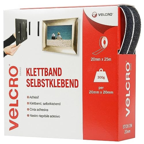 VELCRO Marke | Klettband Selbstklebend | Zuschneidbares, starkes, selbstklebendes Klettband mit Klettverschluss, perfekt für Raumdekoration und Wohnaccessoires, Garage | Schwarz | 20 mm x 25 m