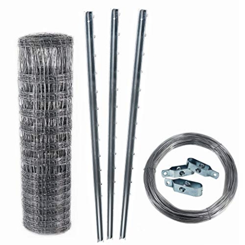 Aquagart Z-Profil Zaunpfosten Wildzaun Komplettset I 50m Knotengeflecht Zaun mit Zaunpfählen Spanndraht & Drahtspannern (50m Zaun 100/10/30 + 15 Z-Pfosten 1,5m+ 250m Spanndraht & 10 Spanner)