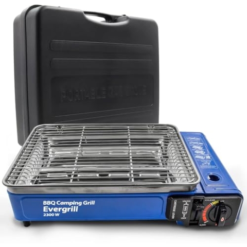 Butangas Camping Gasgrill Evergrill mit Transportkoffer | Campinggrill BBQ Barbeque Tischgrill Butangas