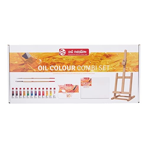 Talens Art Creation Einsteiger-Set Ölmalerei mit 12 Farben (12-ml-Tuben), Pinsel, Palette, Leinwand & Staffelei