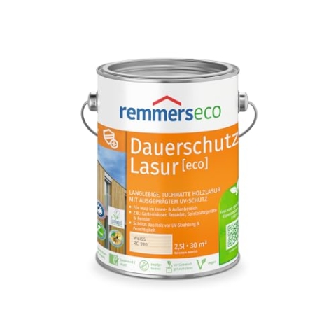 Remmers Dauerschutz-Lasur [eco] weiß, 2,5 Liter, Langlebig, ausgeprägter UV-Schutz, für innen und außen, Schutz vor UV-Strahlung & Feuchtigkeit