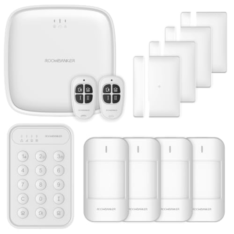 ROOMBANKER Smart Home/Alarmsystem Set - Station-Kit (4G/WiFi/LAN) - Mit 4 Bewegungssensoren, 4 magnetischen Diebstahlschutztürsensoren, 2 Keyfobs und 1 Tastatur - Einfach zu bedienende App