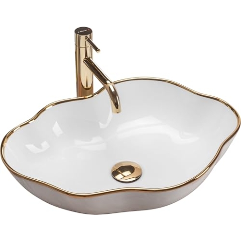 Rea Waschbecken Waschtisch Aufsatzwaschbecken Keramik Handwaschbecken Aufsatz Waschschale Perle Weiß Gold 37x51