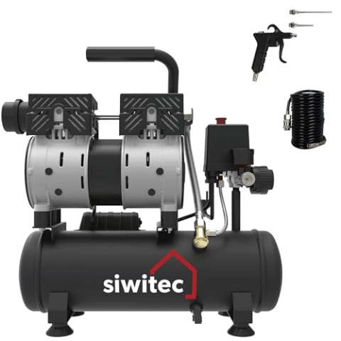 siwitec Flüsterkompressor SK-550 inkl. 5 m Druckluftschlauch und Druckluftpistole mit 2 Verlängerungsstücken | Kompressor mit 550 W, 6 L, max. 8 bar, 56 dB, 106 l/min Ansaugleistung | ölfrei