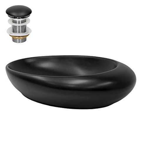 ML-Design Waschbecken Keramik Schwarz matt 58,5x37,5x14,5 cm mit Ablaufgarnitur, Kieselstein Form, Ovale Aufsatzwaschbecken, Moderne Waschtisch, Waschschale Waschplatz Handwaschbecken, für Badezimmer