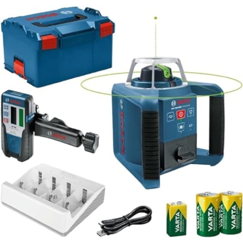 Bosch Professional Rotationslaser GRL 300 HVG (grüner Laser, Laserempfänger LR 1 G, Arbeitsbereich: bis zu 300 m (Durchmesser), wiederaufladbare Batterien (2xD, 1x9V), Ladegerät, in L-Boxx)