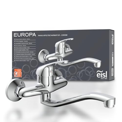 EISL NI161EUCR EUROPA Wandwasserhahn Chrom, Wand-Spültischarmatur 360°, ideal für Doppelspülbecken, Wasserhahn Wandmontage, Wandarmatur für Küche/Ausgussbecken, Mischbatterie für Wandmontage