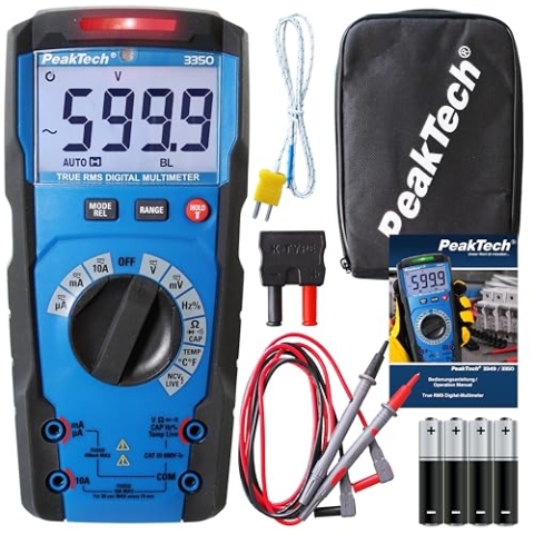 PeakTech P 3350 – True RMS Multimeter mit Digital Anzeige – Strommessgerät mit 6000 Counts – Profi-Messgerät für Elektriker mit Auto-Range Funktion – 10A AC/DC/CAT III 600V – Black