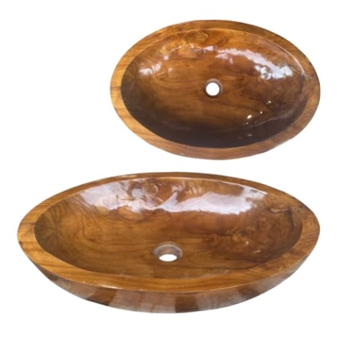 Lendo Online Waschbecken aus Teakholz oval 30x25 / 40x30 / 60x40 cm – Aufsatzwaschbecken aus Holz für Bad & Gäste-WC – Glatte Innenfläche – Naturprodukt – Stilvolle Holz-Waschschale (60x40cm)