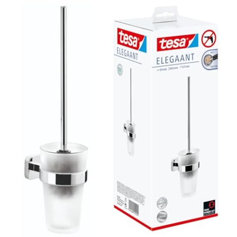 tesa ELEGAANT Toilettenbürsten-Set, verchromt, mit satiniertem Glas - zur Wandbefestigung ohne Bohren, inkl. leistungsstarker Klebelösung - 137 mm x 95 mm x 397 mm