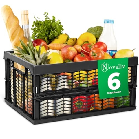 Novaliv Klappboxen faltbar stabil 6x 30L Schwarz Schwarz baskets Einkaufskiste Klappkisten Set Tragebox Aufbewahrung Einkaufskörbe Körbe Aufbewahrung Küche