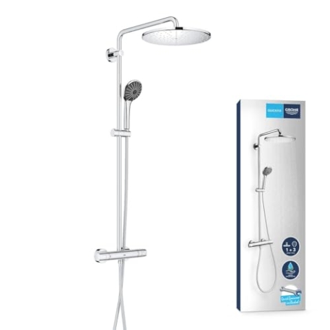 GROHE Vitalio Joy 310, Duschsystem wassersparend (31cm Regendusche, Thermostat mit Verbrühschutz, Sicherheitssperre bei 38°C, Duscharmatur mit 3 Strahlarten), chrom, 26400001