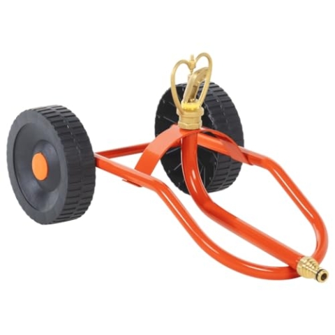vidaXL Sprinkler Schlitten, Gartensprinkler mit Rädern Drehbarem Kopf, Rasensprinkler mit Schlauchanschluss, Rasensprenger, Rot Stahl