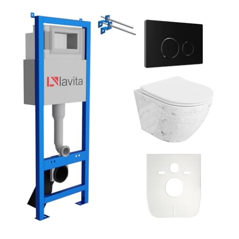 Lavita LAV 101 Vorwandelement für WC 40cm + Wand Hänge Tiefspül WC SOFI SLIM PAPER Weiß Spülrandlos + Bedienplatte LAV 200.4.4 Schwarz | Komplettset | Unterputz Spülkasten | Toilette Komplett Sett