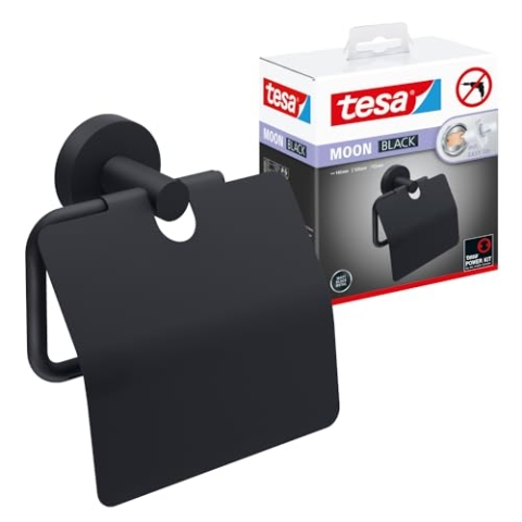tesa Moon Black Toilettenpapierhalter mit Deckel, matt schwarz - WC-Rollenhalter zur Wandbefestigung ohne Bohren, inkl. Klebelösung - 53 mm x 140 mm x 128 mm