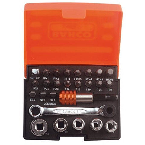 BAHCO Ju Puntas, Carraca P/Puntas - 100mm, 26 Stück, Schraubenzieher-Bit-Set mit Schraubenschlüssel und Case