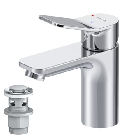 AM.PM X-Joy - Wasserhahn Bad mit Klick-Ablaufgarnitur EcoStart-Funktion Mischbatterie mit Push-Open Ablauf Einhebel Waschtischarmatur Einhandmischer für Badezimmer Waschbeckenarmatur, Chrom
